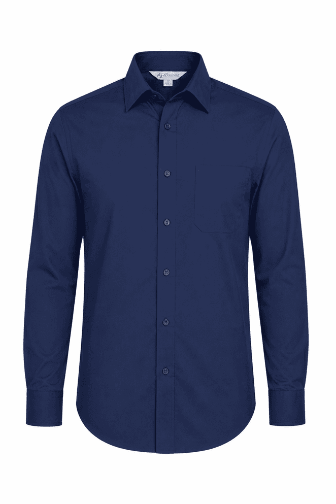 A long sleeve button-up shirt in navy blue, featuring a chest pocket and a collar. It has a logo on it.