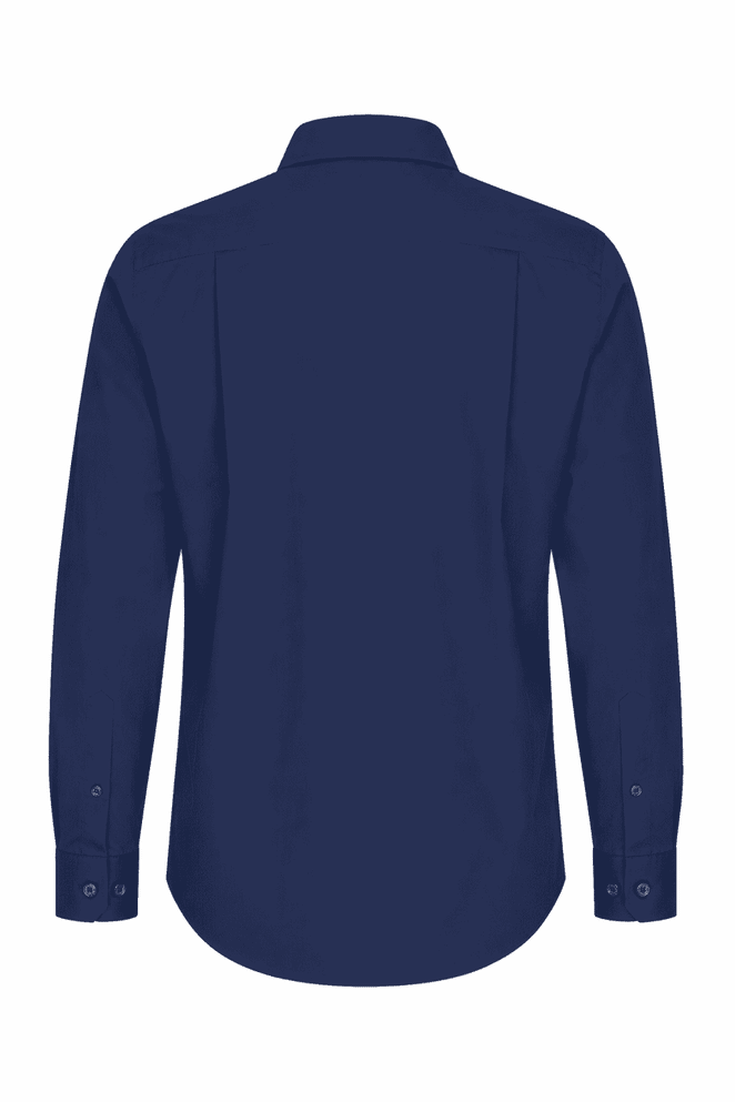 A long sleeve button-up shirt in navy blue featuring a collar and buttoned cuffs, with a plain back view.