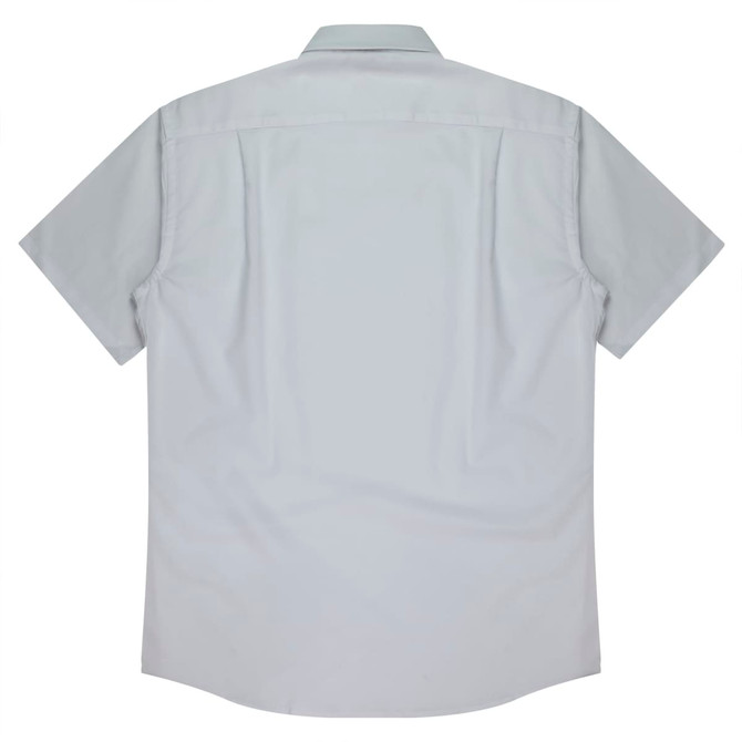 A short sleeve button-up shirt in light grey, featuring a back yoke and a logo on the label.