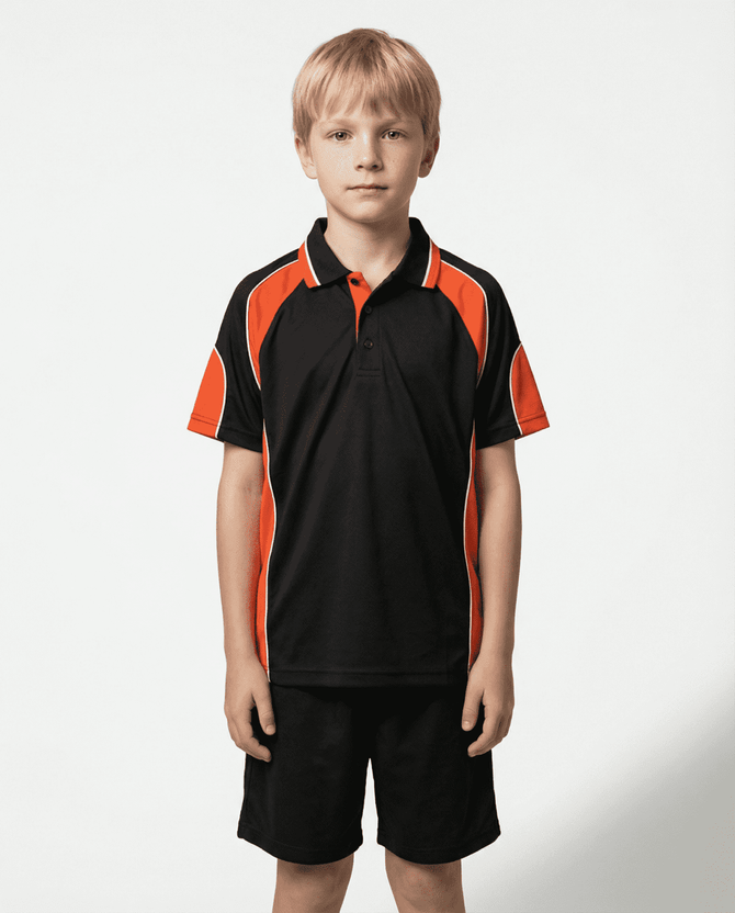 A black polo shirt with orange accents, paired with matching black shorts, displayed on a child model.