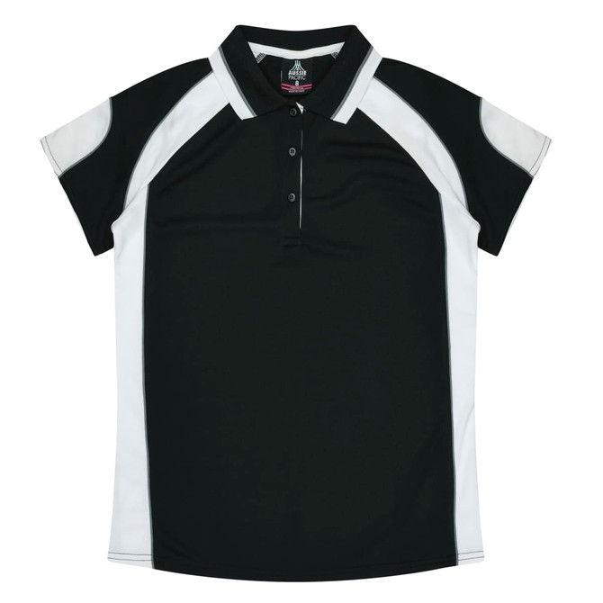 A black polo shirt with white accents and a logo on the collar. Short sleeves and a classic fit design.