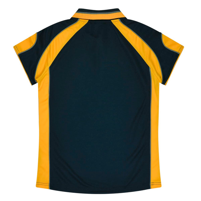 A dark green and gold polo shirt, featuring a sporty design with short sleeves and a collar. It includes branding.