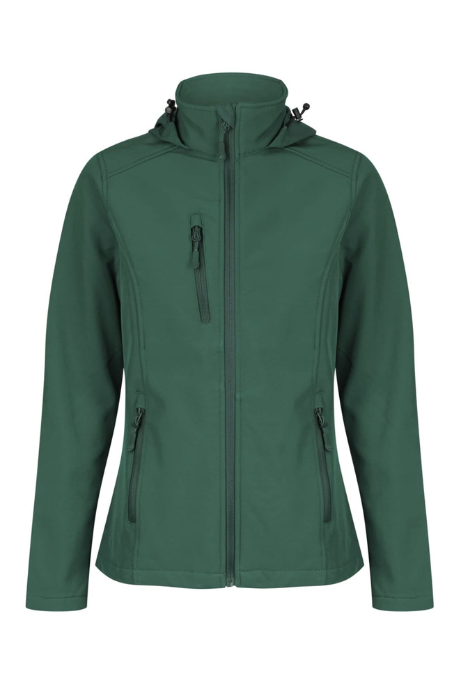 A green soft shell jacket featuring a zip front, pockets, and a hood. It includes a logo on the design.