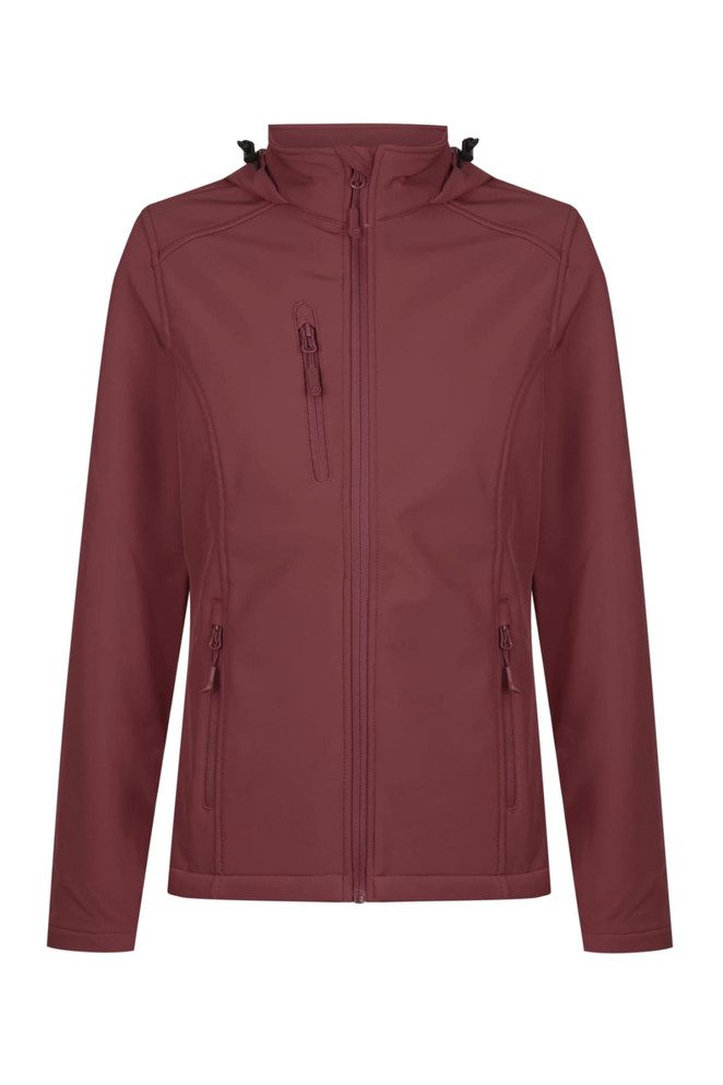 A maroon soft shell jacket with zippered pockets and a high collar, featuring a logo on the front.