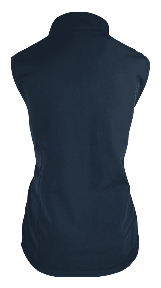 A sleeveless navy vest with a collar, featuring a logo on the back.