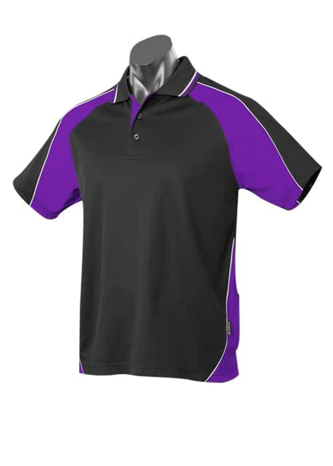 A black polo shirt with purple details and a collar, featuring contrasting piping and a logo.