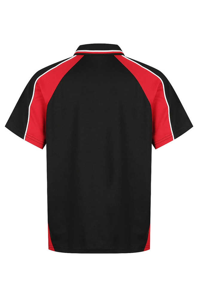 A black and red polo shirt featuring a textured design and a branding logo on the back.