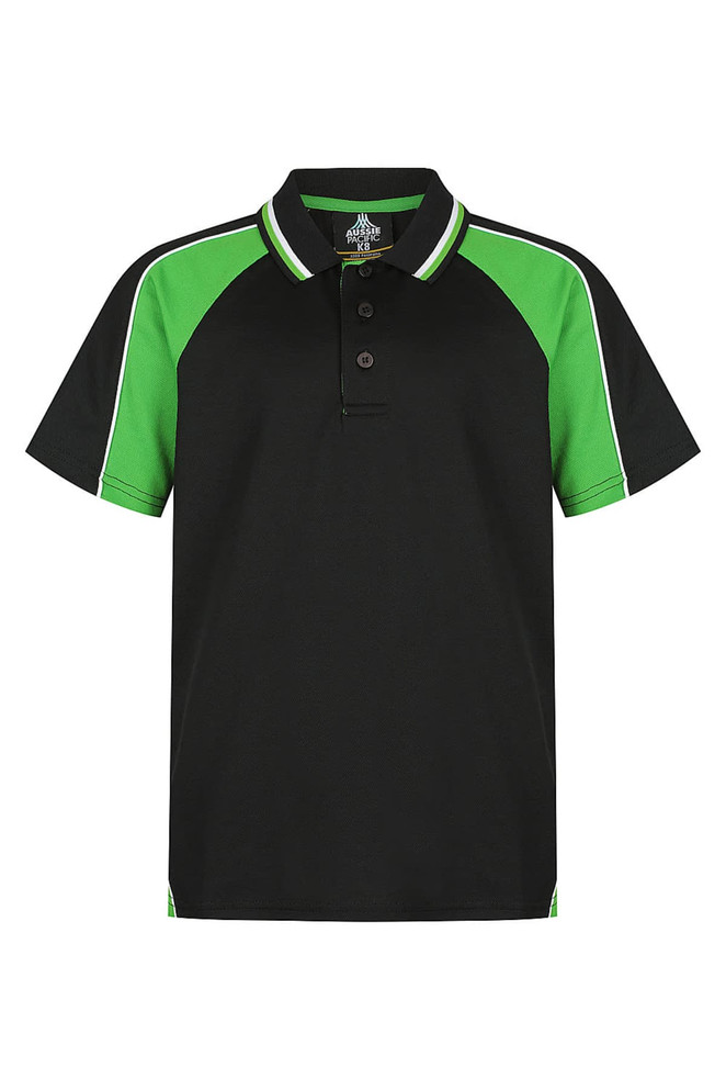 A black polo shirt featuring green accents and a logo. Suitable for children, with a sporty design.