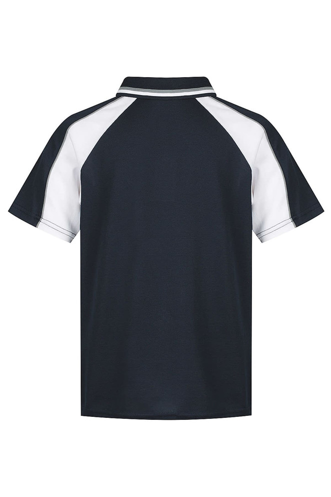 A black polo shirt with white detailing, featuring a logo on the front. Suitable for children's wear.