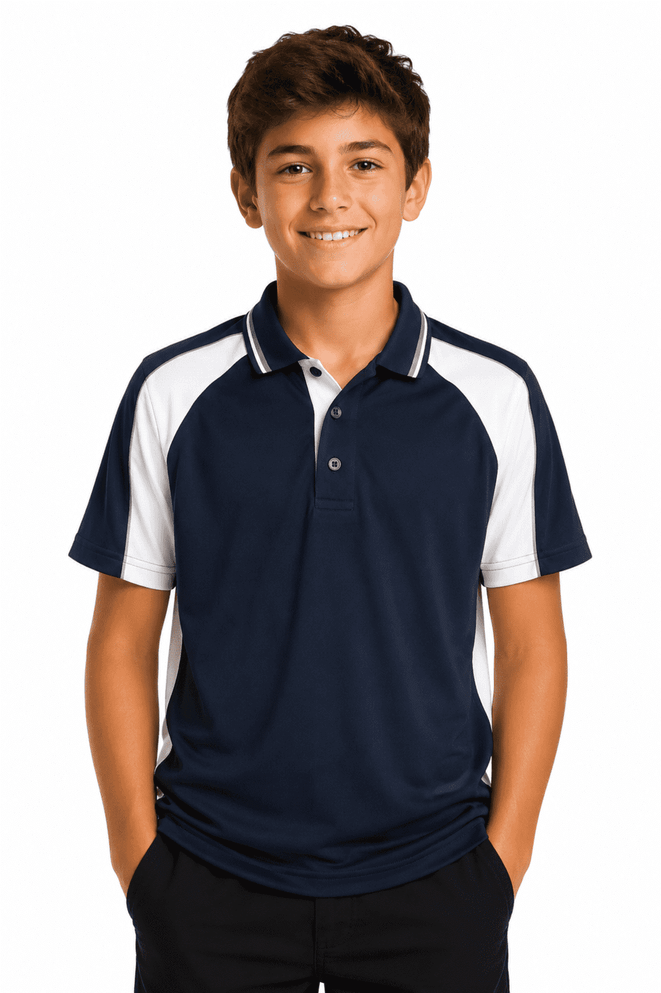 A navy and white polo shirt featuring a logo, worn by a smiling boy with hands in pockets.