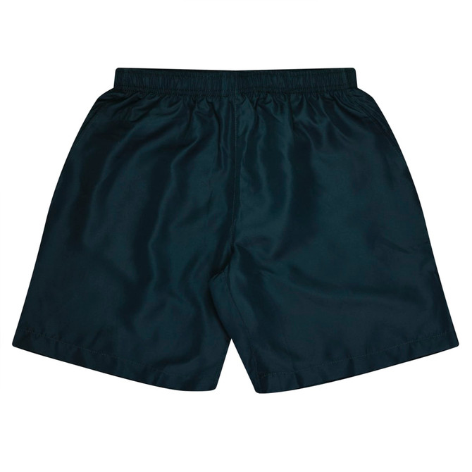 Dark green kids' sports shorts with an elastic waistband and a logo present. Ideal for active play.