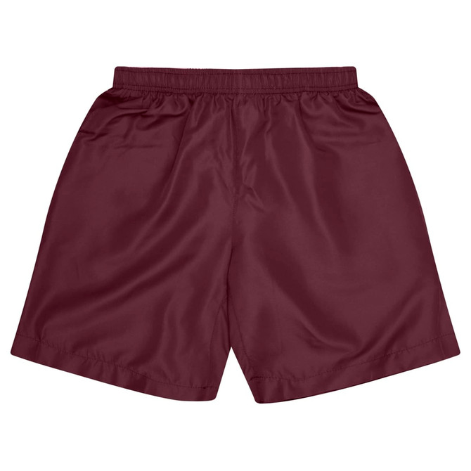 Burgundy sports shorts for kids, featuring an elastic waistband and a smooth finish. Includes a brand logo.