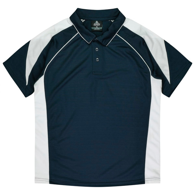 A navy blue polo shirt featuring white accents and a logo on the collar.