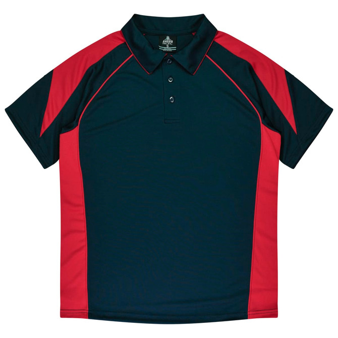A navy blue and red polo shirt featuring a collar and a logo on the chest area.