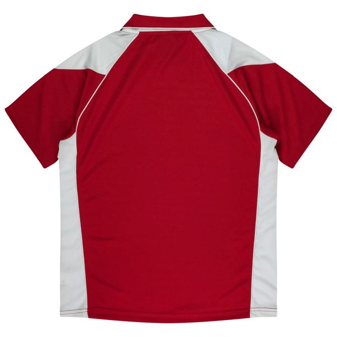 A red polo shirt with white side panels and a collar, featuring a logo on the back.