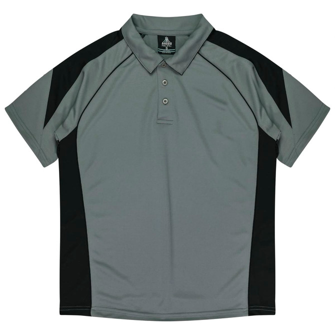 A grey polo shirt featuring black side panels and a collar, with a logo on the neckline.
