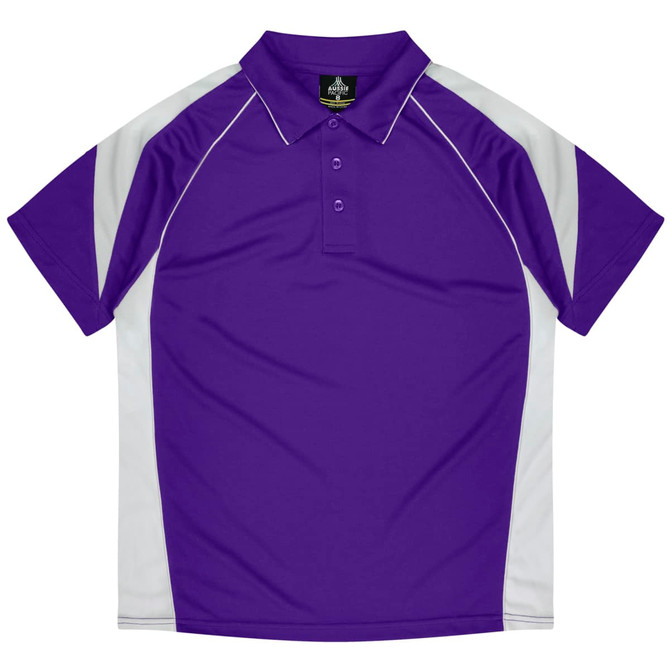 A purple polo shirt with white accents and a logo on the collar.