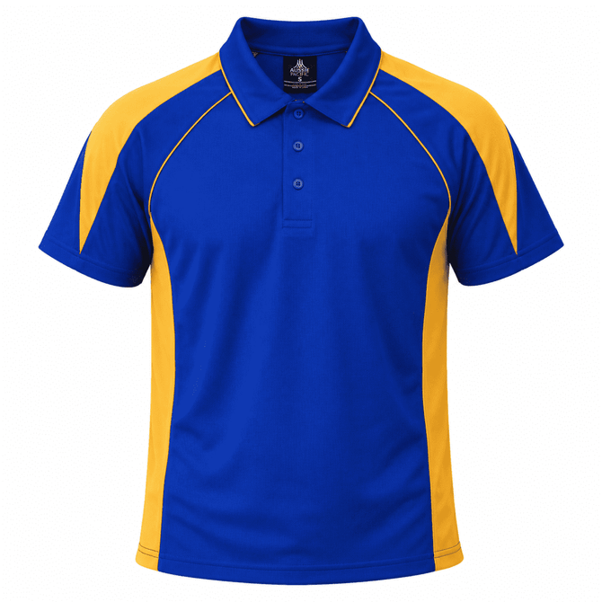 A blue and yellow polo shirt featuring a collar and a logo. The shirt has contrasting side panels.
