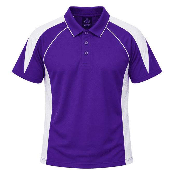 A purple polo shirt with white accents and a collar, featuring a logo on the front.