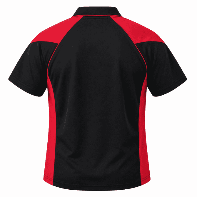 A black and red polo shirt featuring a contrasting design and a logo on the back.