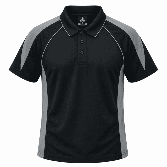 A black polo shirt with grey accents and a logo on the chest. Features a collar and three buttons.