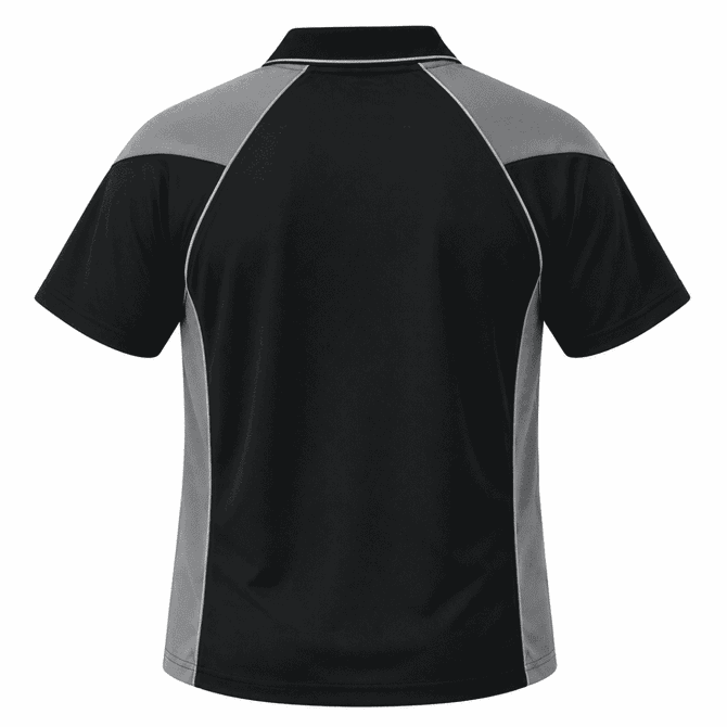 A black and grey polo shirt featuring a logo, with a sporty design and short sleeves.
