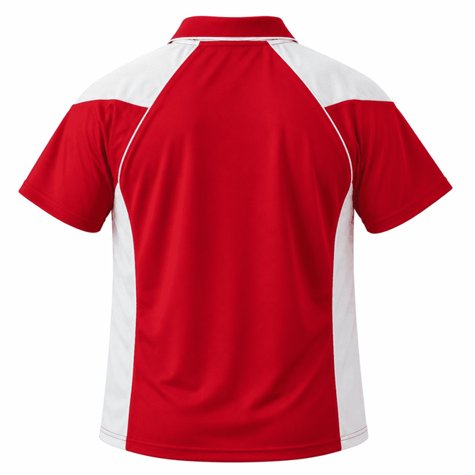 A red and white polo shirt with a sporty design and a logo on the back.