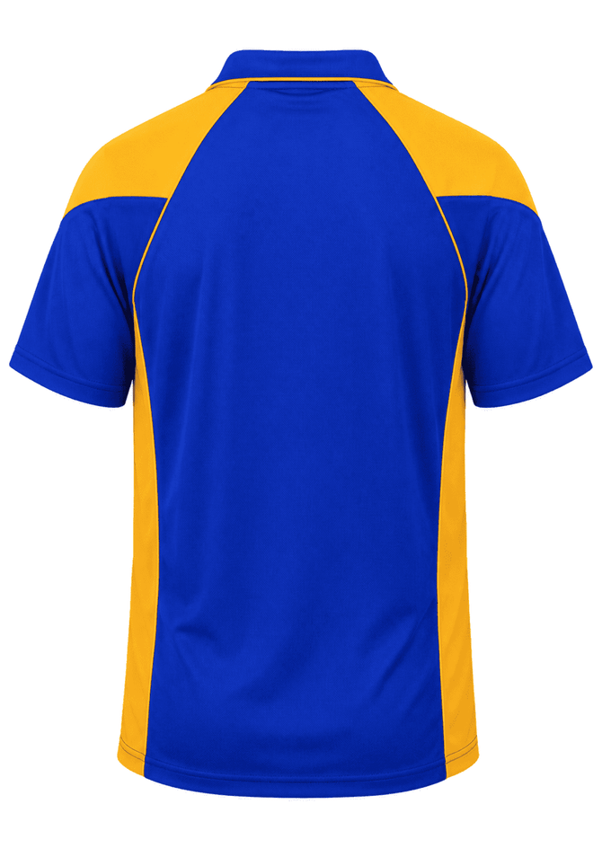 A blue and gold polo shirt with a contrasting design, featuring a logo on the back.