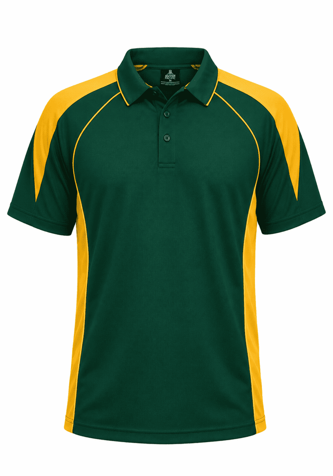 A green polo shirt with yellow accents and a logo, featuring a classic collar and short sleeves.