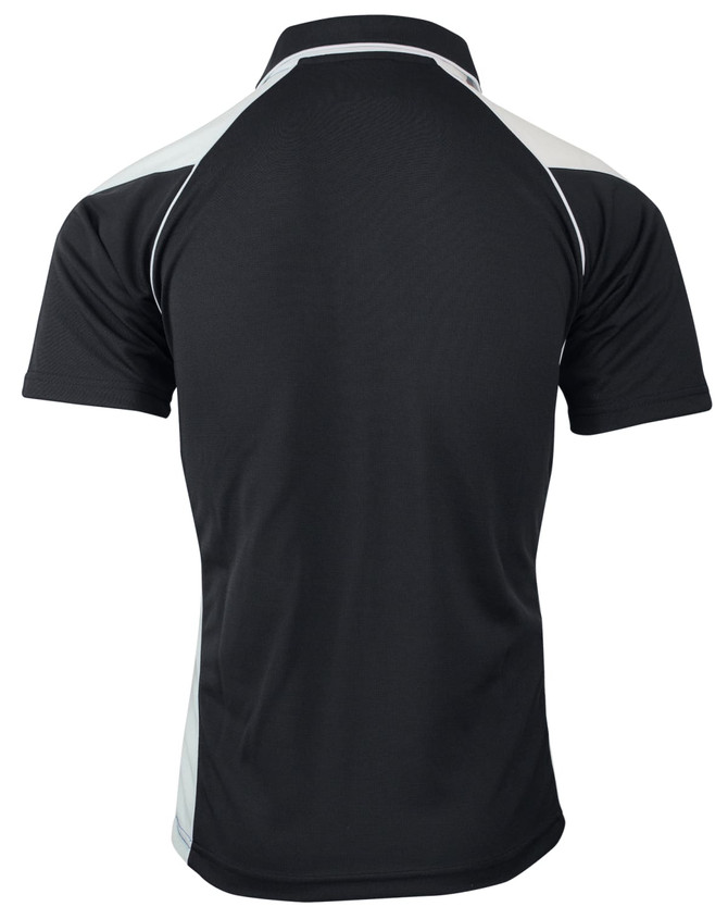 A black polo shirt with grey accents and a logo on the back.