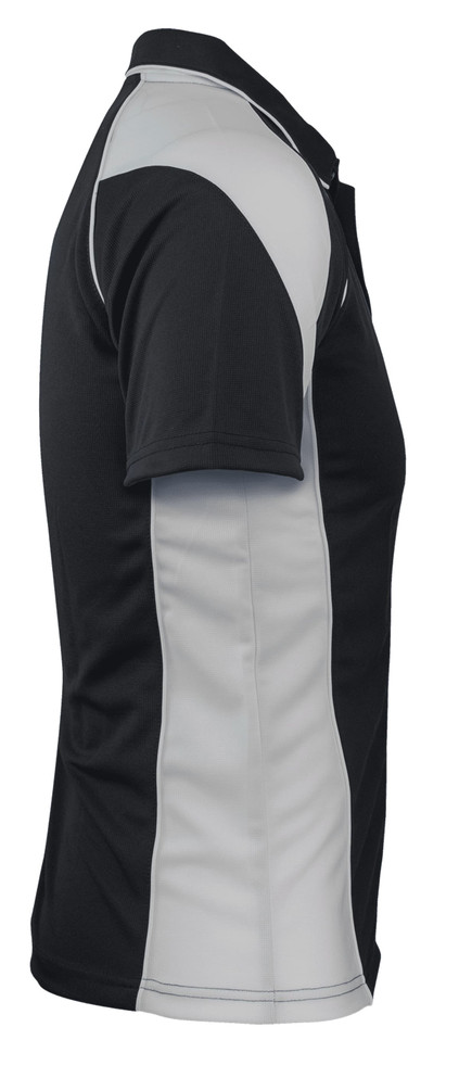 A black and grey men's polo shirt with a side view, featuring a logo on the chest area.