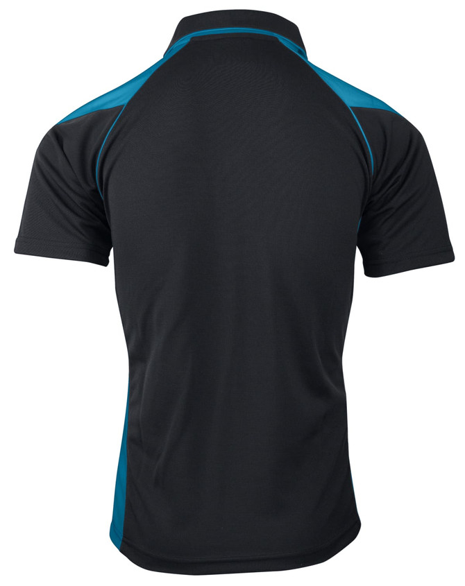 A black polo shirt with turquoise accents and a logo on the back.