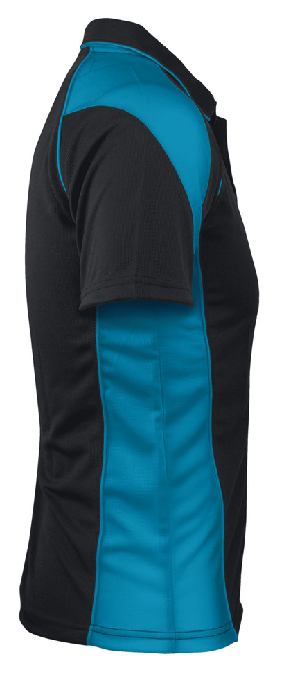A black and turquoise polo shirt featuring a logo, shown from a side angle.