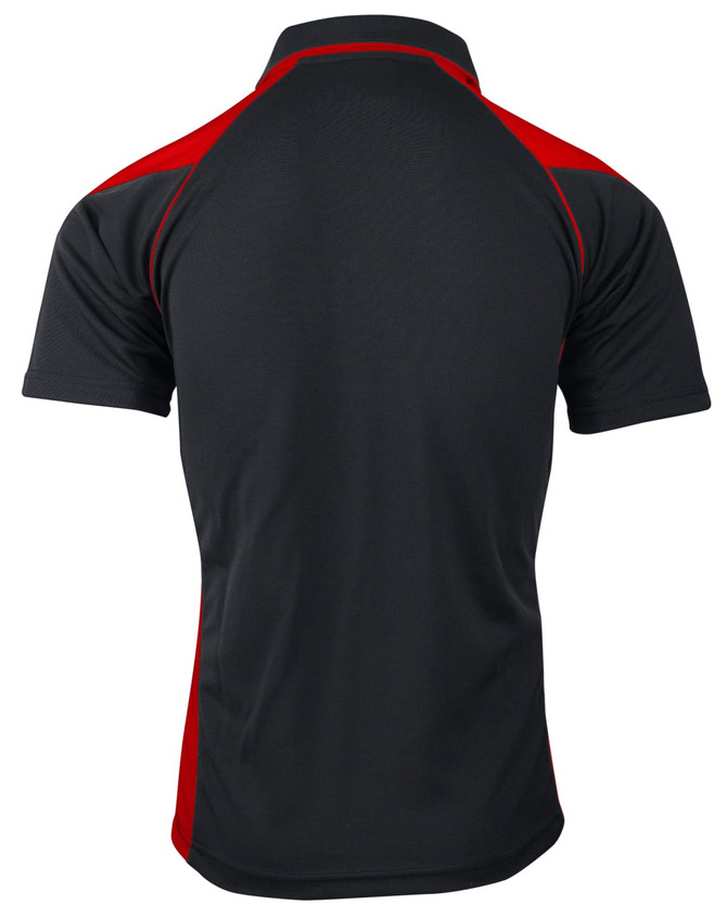 A black polo shirt with red accents and a logo on the back. The shirt features a classic collar and short sleeves.