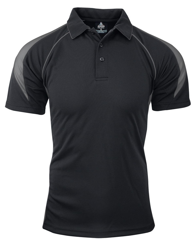 A black polo shirt featuring grey accent detailing and a logo on the chest area.