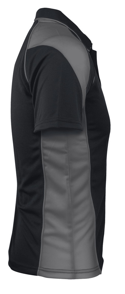 A black and grey polo shirt featuring a fitted design and a logo on the chest.