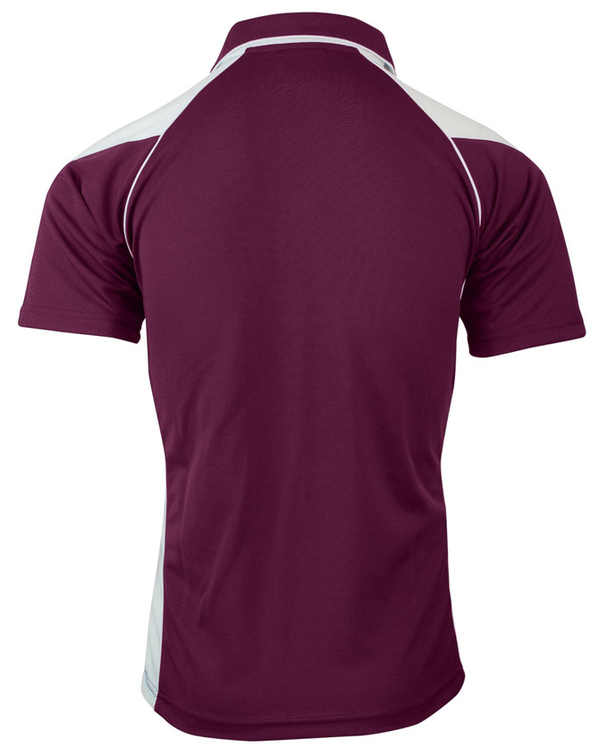 A maroon polo shirt with white accents on the shoulders and a collar, featuring a logo.