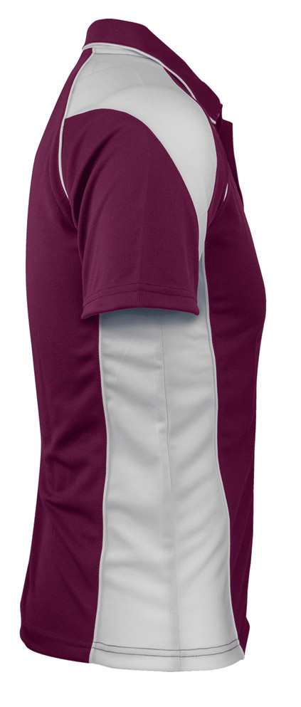A maroon polo shirt with grey panels on the sides, featuring a logo on the chest.