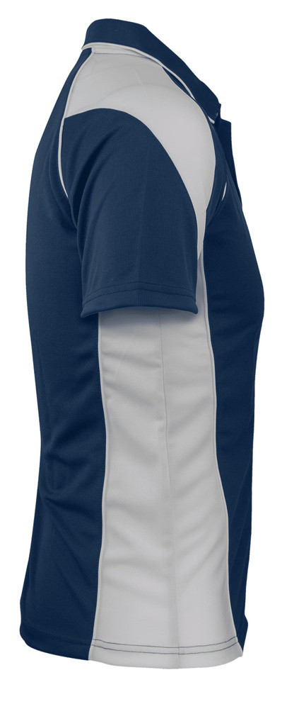A navy and grey polo shirt with short sleeves and a logo on the front.