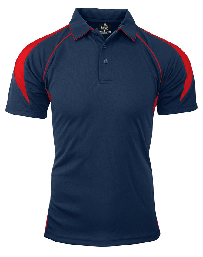A navy polo shirt with red accents and a collar, featuring a logo on the chest.