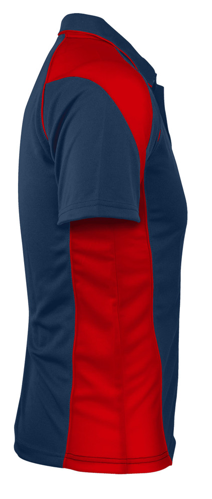 A navy blue polo shirt with red side panels and a logo on the chest.