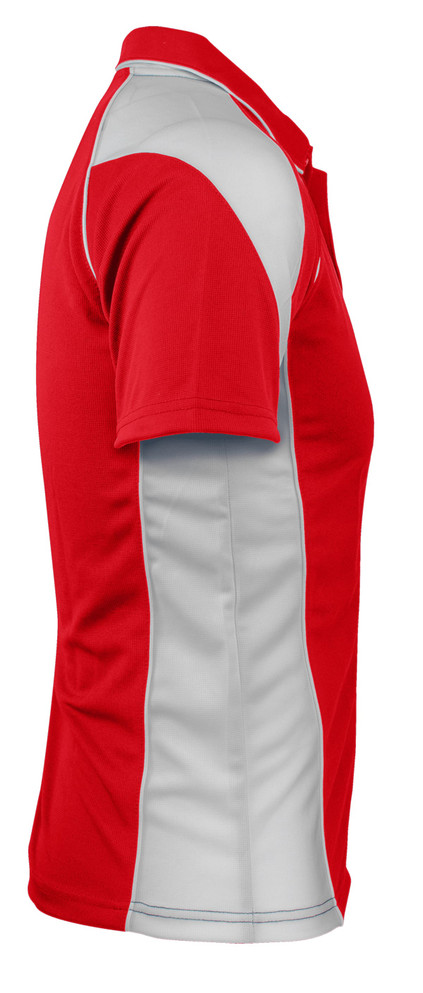A red and grey polo shirt featuring a logo, displayed from the side.