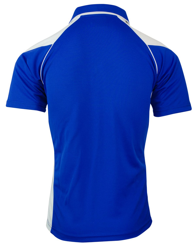 A blue polo shirt with white accents, featuring a collar and short sleeves, displayed from the back.