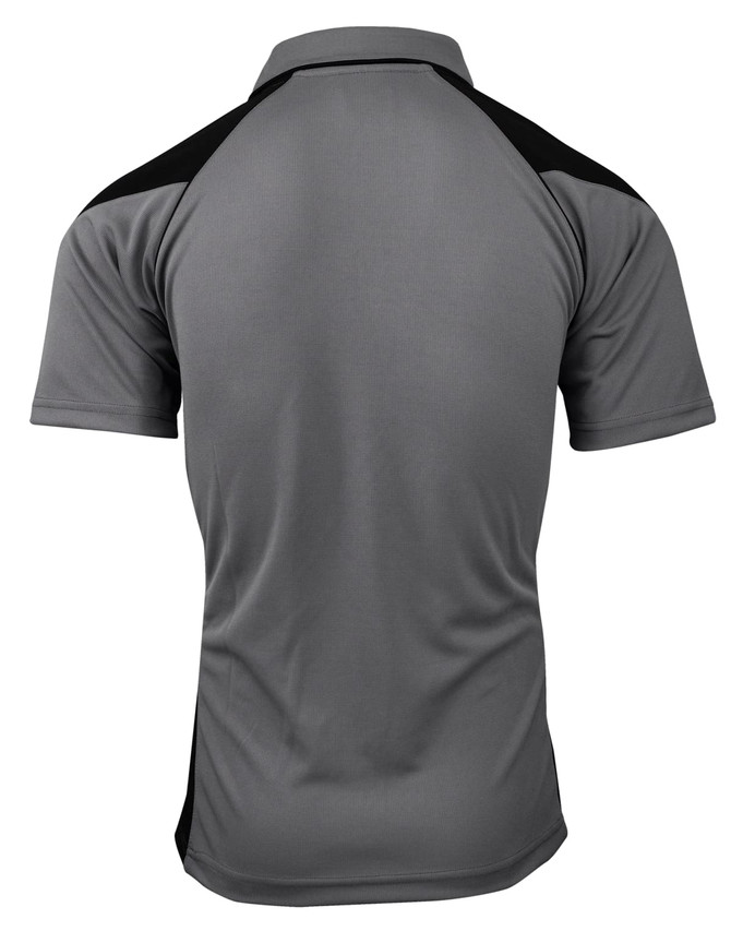 A grey polo shirt featuring black accents and a logo on the back.