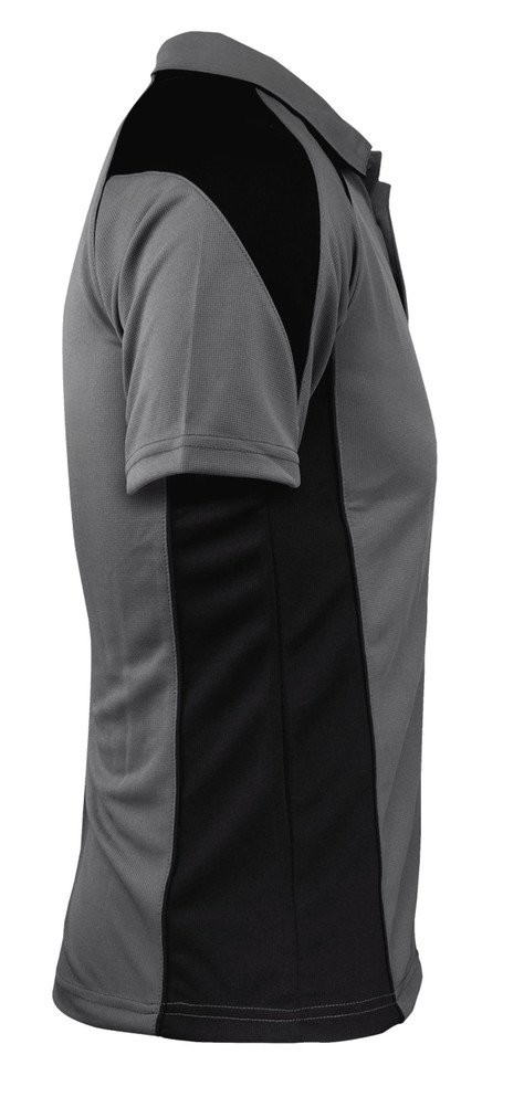 A grey and black polo shirt with a modern design and a logo on the front.