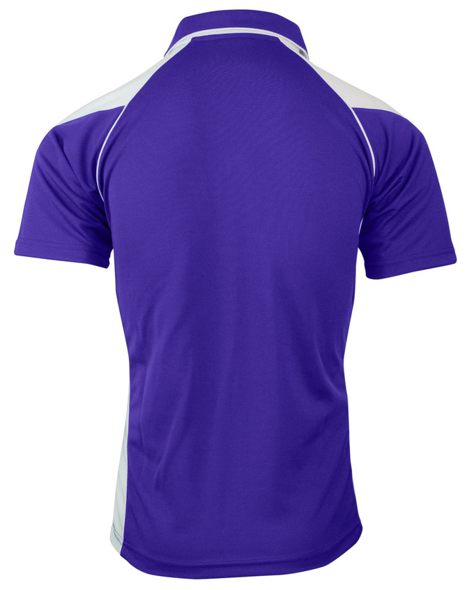 A purple polo shirt featuring a contrasting design, with a branded logo on the back.