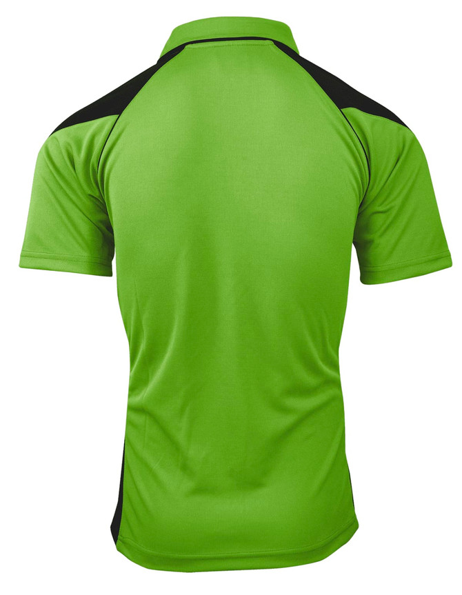 A green polo shirt with black accents, featuring a collar and short sleeves, viewed from the back.