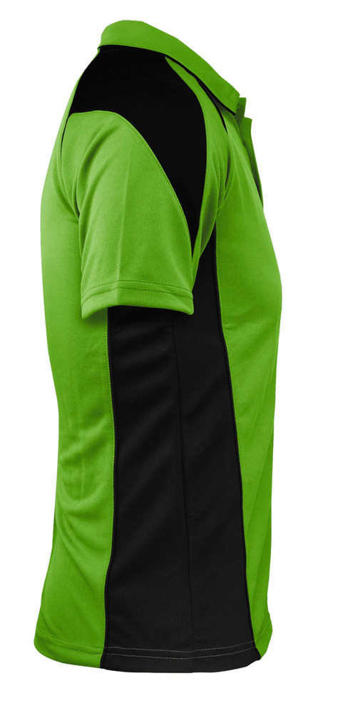A green and black polo shirt featuring a contrasting design and a logo on the front.