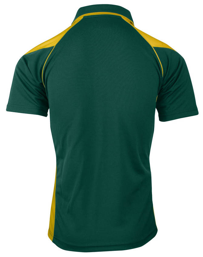 A green polo shirt with yellow accents, featuring a collar and short sleeves. It has a branding logo on it.