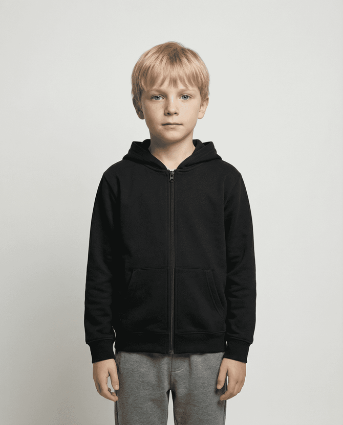 A black zip-up hoodie for kids, featuring a front pocket and a hood, modelled by a young boy.